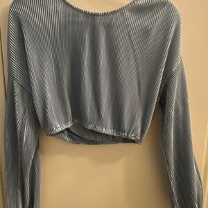 Cropped Women’s Size Small Pleated Long-Sleeve Top - Light Blue, Tie Back